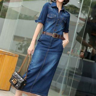 Elbow-sleeve Collared Denim Midi Dress