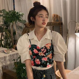 Short-sleeve Plain Blouse / Floral Print Camisole Top