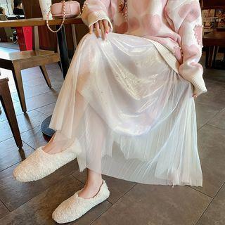 Mesh Panel Shining Pleated Skirt Beige - One Size