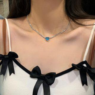 Heart Rhinestone Pendant Necklace Blue & Silver - One Size