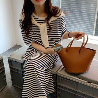 Short-sleeve Striped T-shirt Dress + Plain Cape