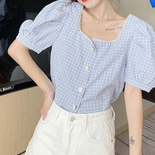 Puff Sleeve Lace Trim Square Neck Check Blouse