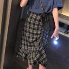 Plaid Ruffle Hem Drawstring Midi Skirt