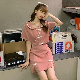 Short-sleeve Frog Button Blouse / Mini A-line Skirt