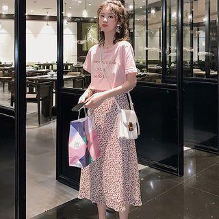 Set: Short-sleeve T-shirt + Midi A-line Floral Skirt
