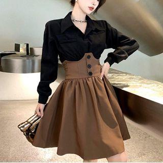 Set: Long-sleeve Blouse + High Waist Mini A-line Skirt