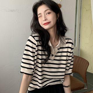 Elbow-sleeve Polo Neck Striped Knit Top Black Stripe - White - One Size
