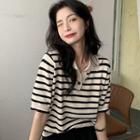 Elbow-sleeve Polo Neck Striped Knit Top Black Stripe - White - One Size