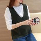 Set: V-neck Knit Vest + Long-sleeve T-shirt