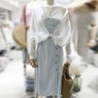 Set: V-neck Striped Spaghetti Strap Dress + Plain Shirt