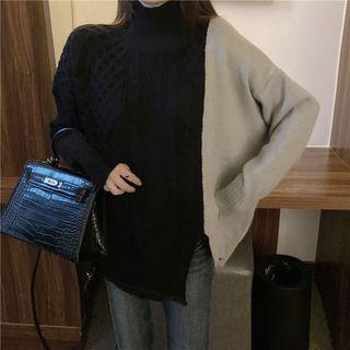 Two-tone Turtleneck Cable Knit Sweater As Shown In Figure - One Size