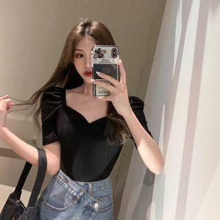 Puff-sleeve V-neck Plain Top Black - One Size