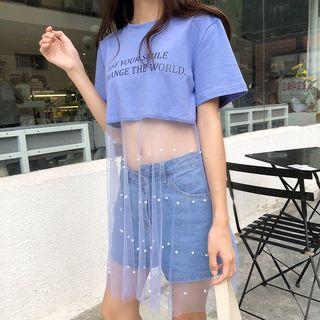 Lettering Short-sleeve Beaded Mesh T-shirt
