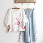 Plum Flower Print T-shirt / Chiffon Wide-leg Pants / Set
