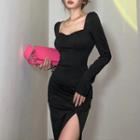 Square-neck Long-sleeve Slit A-line Dress
