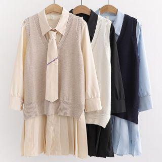 Set: Pleated A-line Shirtdress + Tie + Sweater Vest