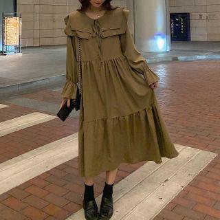 Layered Collar Long-sleeve Midi A-line Dress