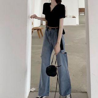 Set: Short-sleeve Top + Wide-leg Cutout Jeans