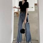 Set: Short-sleeve Top + Wide-leg Cutout Jeans