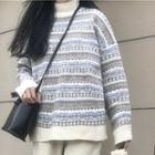 Mock-neck Striped Sweater Patterned - Gray & Almond - One Size