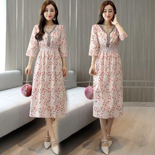 V-neck Floral Print Elbow-sleeve Midi Dress