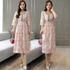 V-neck Floral Print Elbow-sleeve Midi Dress