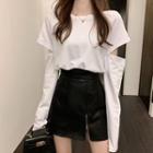 Plain Long-sleeve T-shirt / Faux Leather A-line Skirt