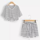 Set: Striped T-shirt + Drawstring-waist Shorts