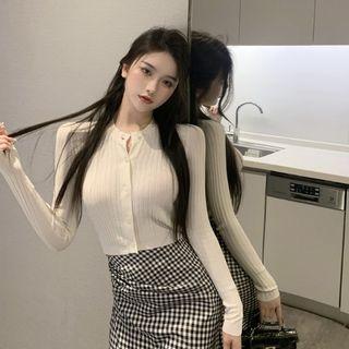 Ribbed Cropped Cardigan / Gingham Slit Midi Pencil Skirt