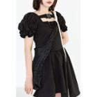 Puff-sleeve Buckled Asymmetrical A-line Dress