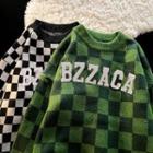 Long-sleeve Letter Embroidered Checkerboard Sweater