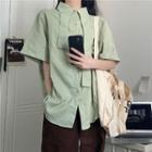 Short-sleeve Tie-neck Plain Oversized Shirt