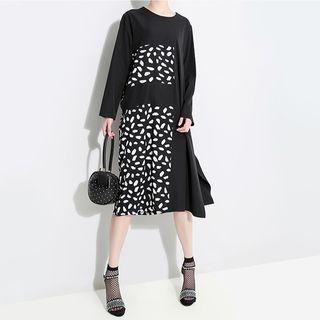 Printed Long-sleeve Midi A-line Dress Black - One Size