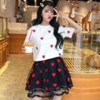 Short-sleeve Heart Print T-shirt / Mini Heart Print Mesh Skirt