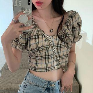 Puff-sleeve Plaid Cropped Blouse / High-waist Wide-leg Jeans