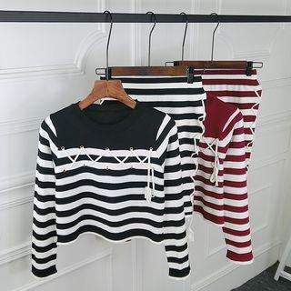 Set: Striped Lace-up Long-sleeve Knit Top + Pencil Skirt
