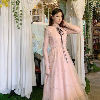 Stand Collar Mesh Panel Lace-up A-line Dress