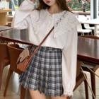 Crochet Lace Collar Blouse / Plaid Mini Pleated Skirt