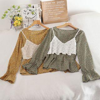 Set: Floral Print Blouse + Crochet Camisole Top