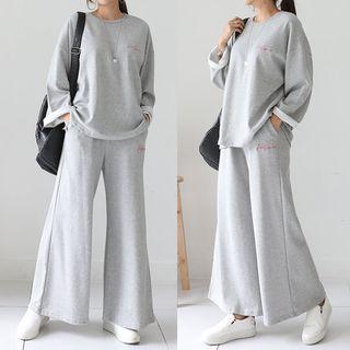 Set: Letter Embroidery Top + Bell-bottom Pants