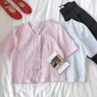 Single-breasted Plaid V-neck Short-sleeve Top
