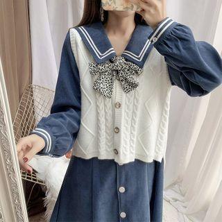 Collared Long-sleeve A-line Corduroy Dress