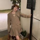 Buckled Irregular Button Jacket / Pleated Mini A-line Skirt