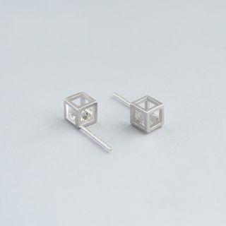 925 Sterling Silver Caged Rhinestone Earring 1 Pair - Earrings - Cube - One Size