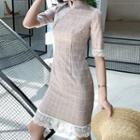 Elbow-sleeve Traditional Chinese Plaid Dress