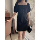 Half-placket Puff-sleeve A-line Dress