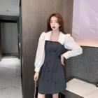 Long-sleeve Double-breasted Panel Mini A-line Dress