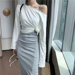 Spaghetti Strap Midi Bodycon Dress / Long-sleeve One-shoulder T-shirt