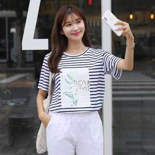 Round-neck Printed Striped T-shirt
