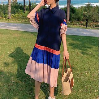 Short-sleeve Color Block Ruffled Midi A-line Dress